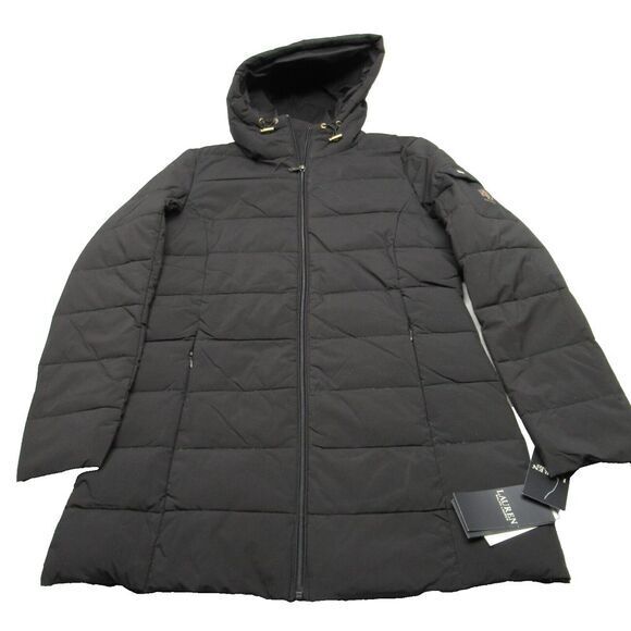 Lauren Ralph Lauren Down Jacket Women Small‎ Black Hood Packable FITS XS NWD - Picture 1 of 16